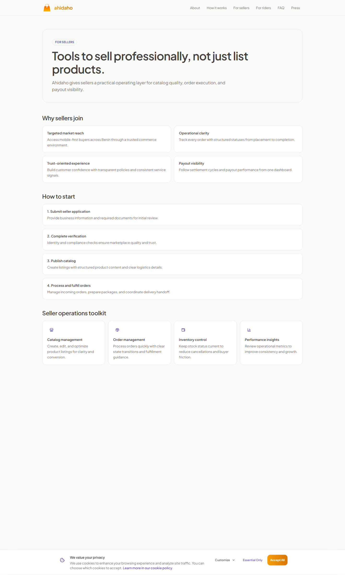 Ahidaho seller page (live)